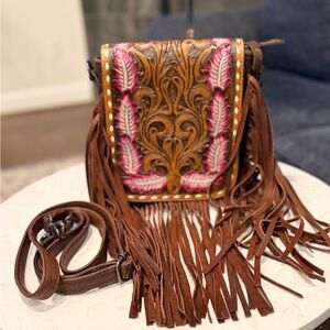 Genuine Tooled Leather Fringe Crossbody Bag - Brown with Pink Accents- Used